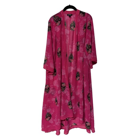 torrid Tops - Torrid Chiffon Sheer Kimono Open Front Duster Pink Skulls
